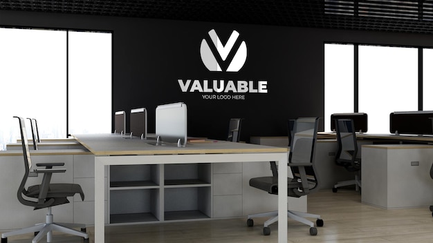 Firmen- oder studiologomodell in der modernen büroarbeitsplatzwand