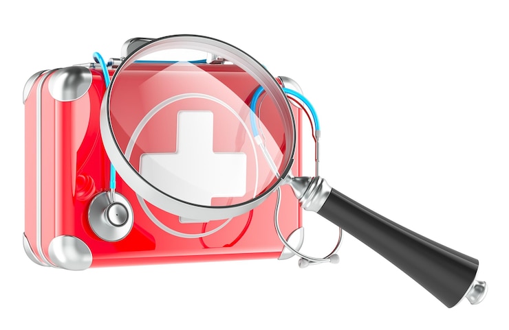 PSD first aid kit with magnifying glass loupe 3d rendering isolated on transparent background