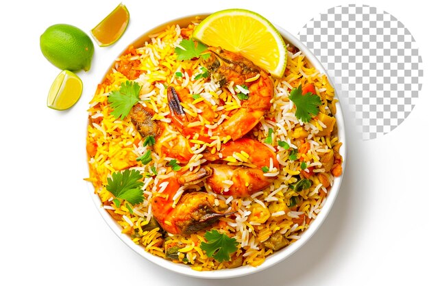 Fish biryani gran plato con pescado frito vista de arriba hacia abajo aislado en fondo transparente