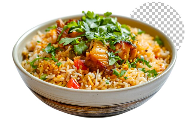 PSD fish biryani gran plato con pescado frito vista de arriba hacia abajo aislado en fondo transparente