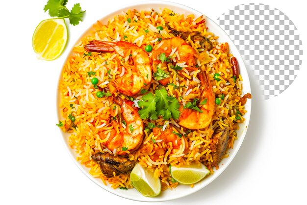 PSD fish biryani grand plat avec poisson frit vue de haut en bas isolé sur un fond transparent