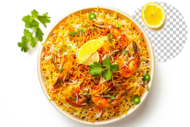Fish Biryani großes Gericht mit Bratfisch oben nach unten Sicht isoliert auf transparentem Hintergrund