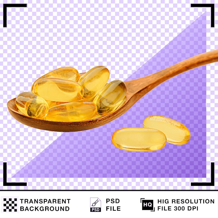PSD fish oil capsules on a wooden spoon