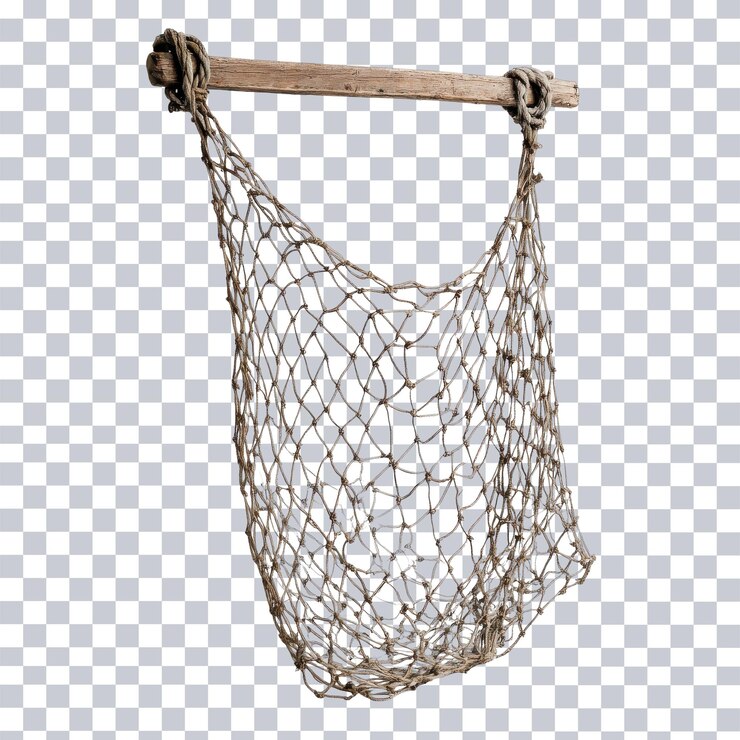 PSD fishing net overlooking tranquil waters on transparent background