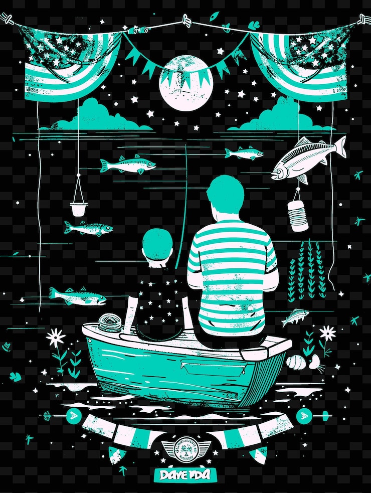 PSD fishing scene with a father and son bonding over a fishing t creative illustration idea designs