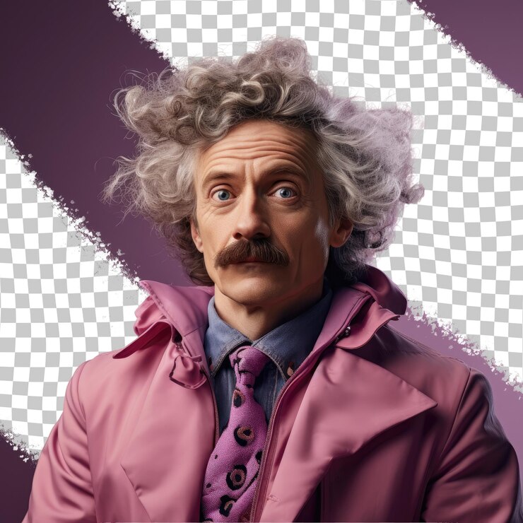PSD el físico nórdico orgulloso hombre de mediana edad con cabello rizado toma una pose dramática contra un fondo pastel morado