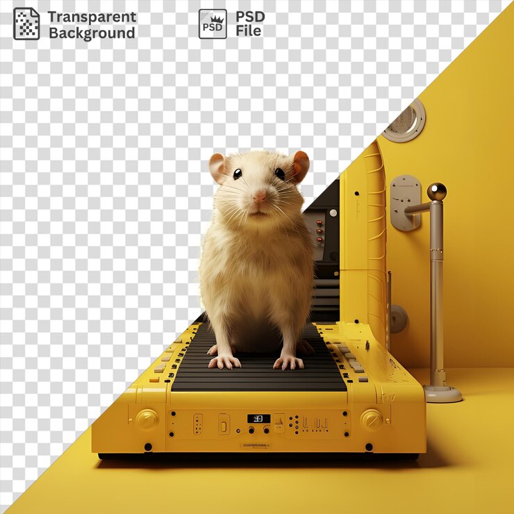 PSD fisiólogos fotográficos realistas transparentes cinta de correr para ratas de laboratorio contra una pared amarilla con un animal blanco y una oreja rosa visible en primer plano