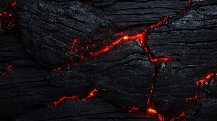 PSD fissuras de lava brilhantes na textura escura da rocha vulcânica