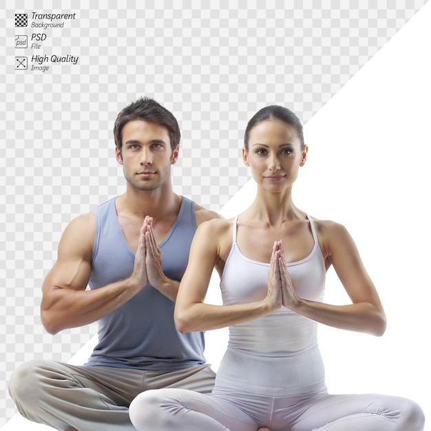 PSD fit couple practicing yoga poses together in a studio