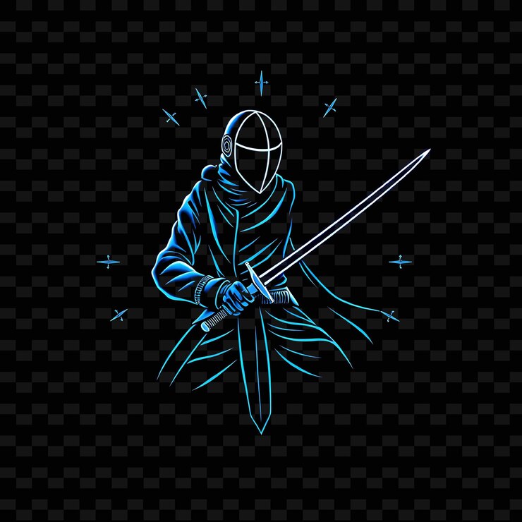 PSD fit esgrimista con espada neón elegante diseño artístico con azul real y plata color mezclado decorado con1