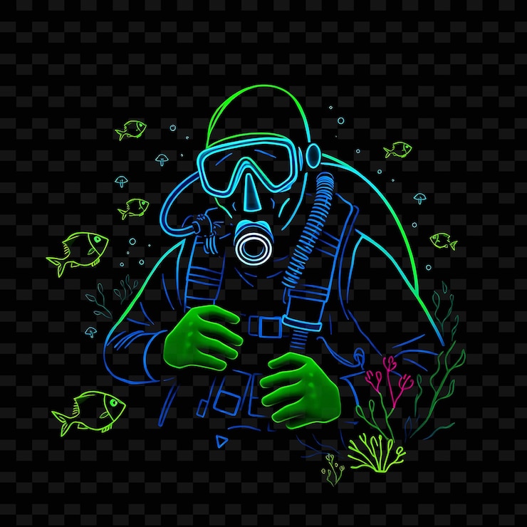 PSD fit scuba diver con equipo diseño de arte oceánico de neón con color azul profundo y verde mezclado decorado con1