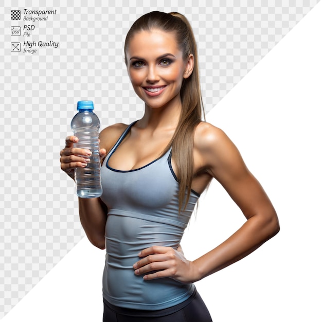 PSD fit young woman holding a water bottle on transparent background