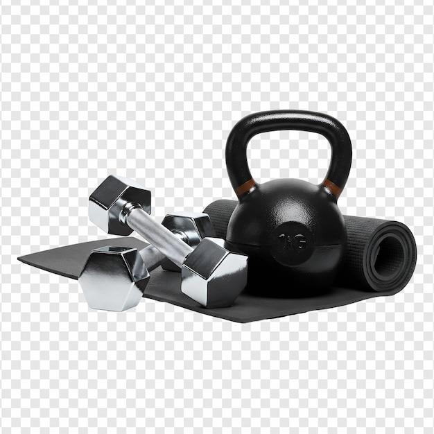Fitness-Ausrüstung mit Hanteln, Kettlebell und Yogamatte