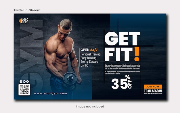 Fitness de gimnasio twitter instream diseño de anuncios de visualización de fotos plantilla psd