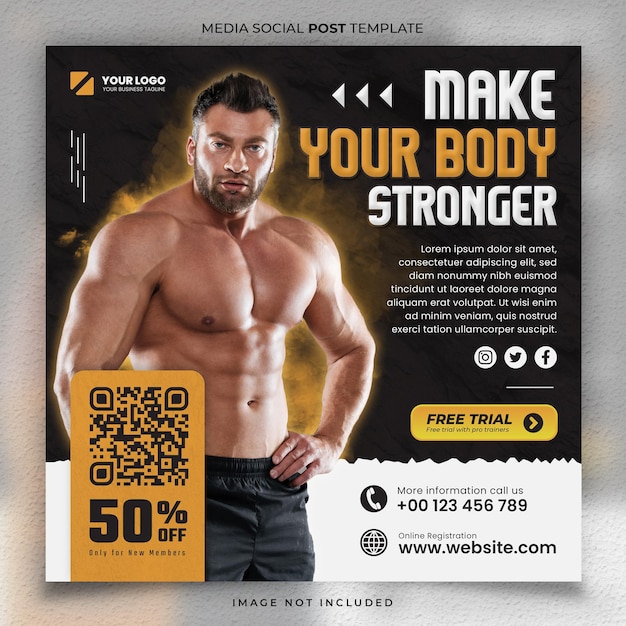 Fitness Gym Shape Stay Fit Media Social Post Modèle Jaune