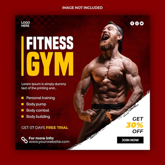 Fitness gym social media post banner ou modelo de folheto quadrado