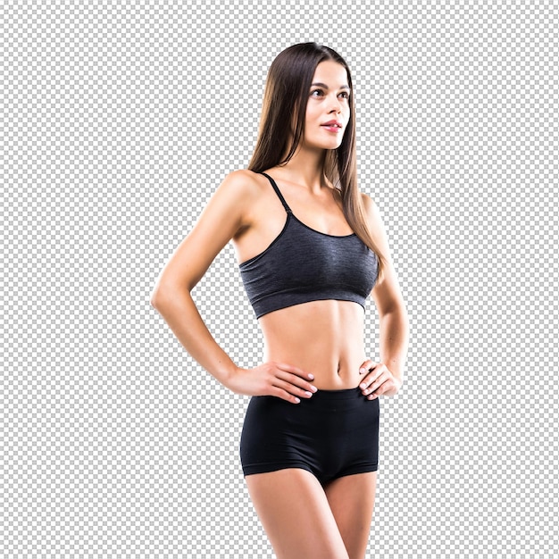 Fitness jovem mulher de pé isolado em cinza