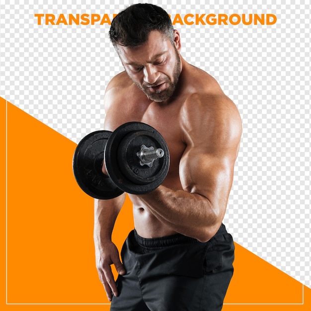 Fitness-Mann macht Gewichtheben und Übung mit durchsichtigem Hintergrund