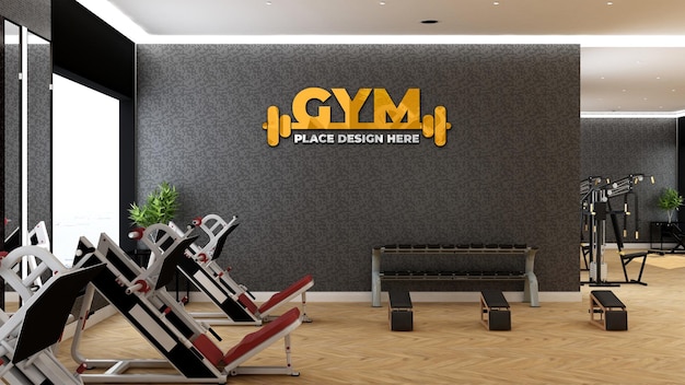 Fitness-studio-wand-logo-mockup im sportler-fitness- oder fitnessraum mit schwarzer wand