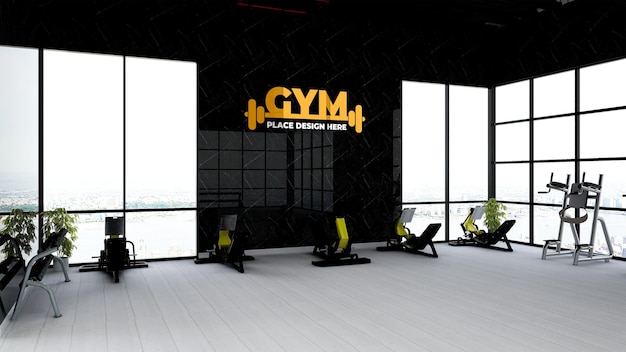 Fitness-Studio-Wand-Logo-Mockup im Sportler-Fitness- oder Fitnessraum mit schwarzer Wand