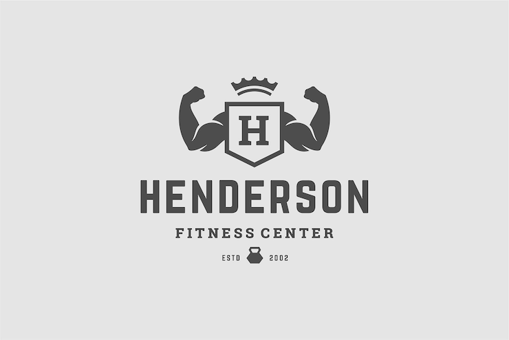PSD fitnessclub kreative kunst logo design vorlage muskulöse hände mit heraldischem schild und krone