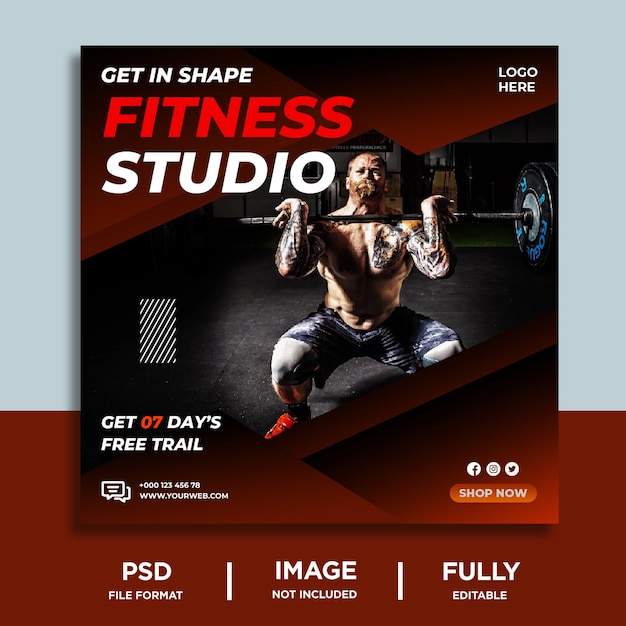 PSD fitnessstudio- und fitness-instagram-post oder social-media-web-banner-vorlage premium-vektor