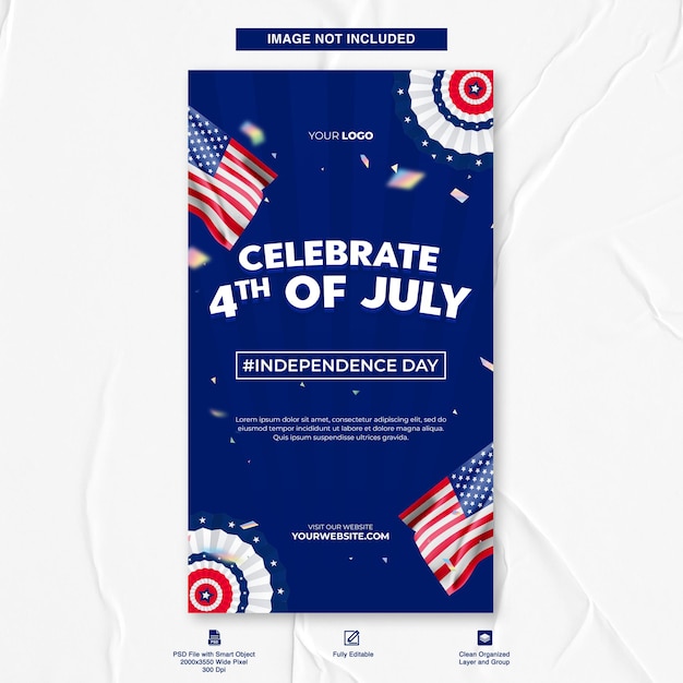 Flach Instagram-Geschichten-Vorlage für die amerikanische Feier des 4. Juli