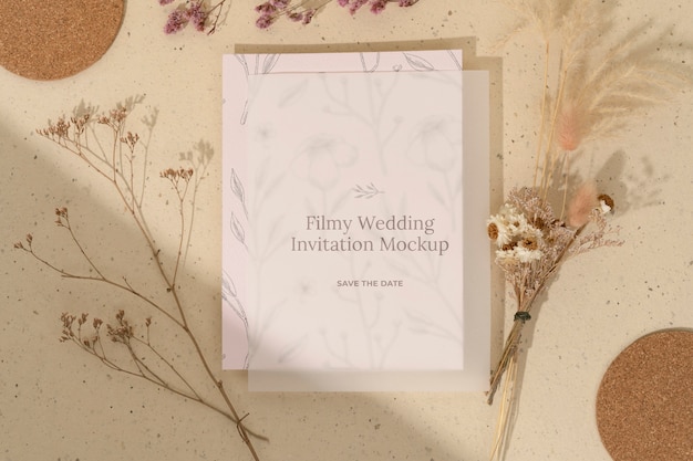 Flache Lage des filmischen Hochzeitseinladungsmodells