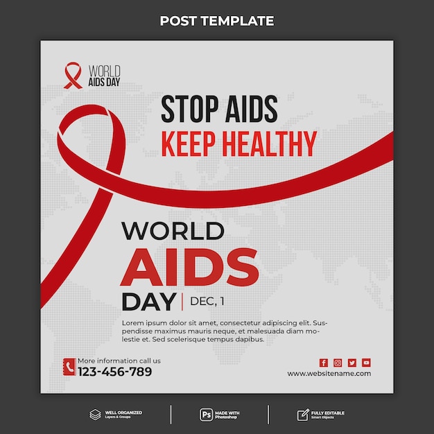 PSD flache realistische welt-aids-tag-illustration horizontale banner-post-poster-vorlage