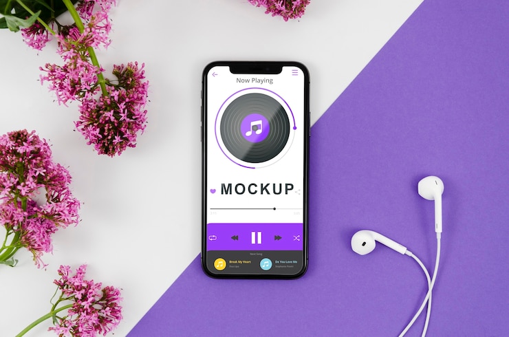 Flaches Smartphone-Modell mit Kopfhörern und Blumen