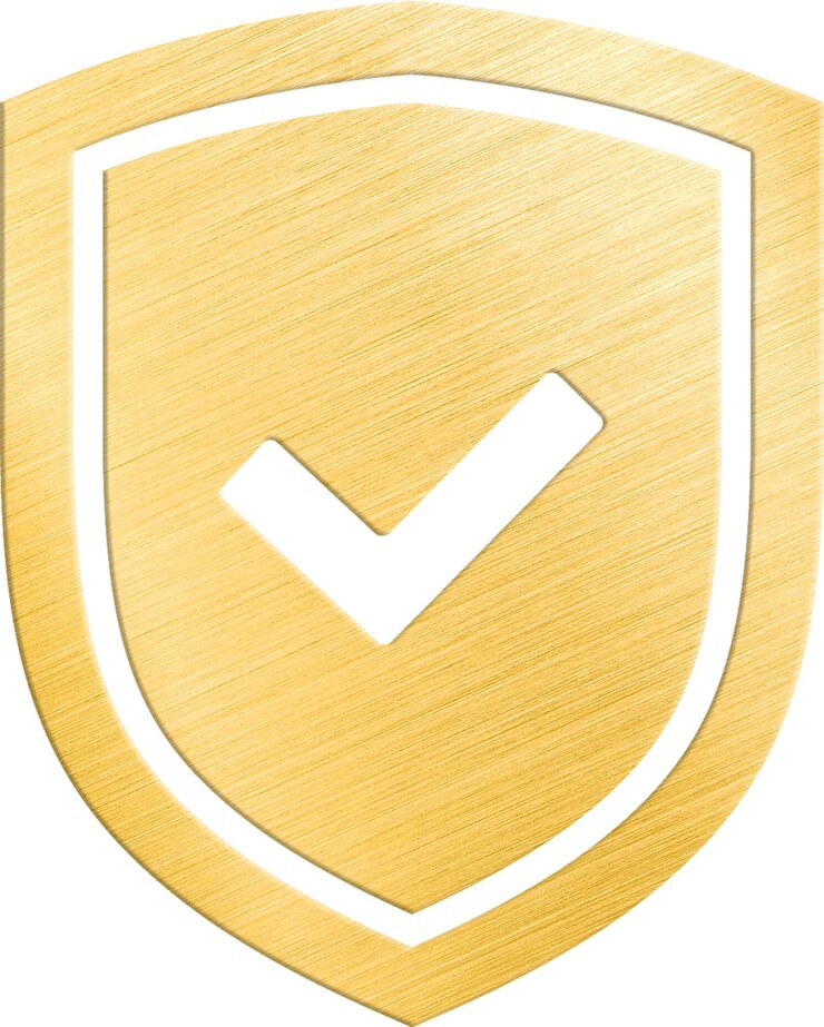 PSD flachgold-schild mit kontroll-ok-symbol für die genehmigung des entwurfsvektors des sicherheitsschutzkonzepts