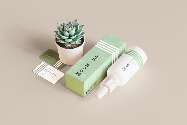 Flacone contagocce cosmetico e scena Mockup scatola