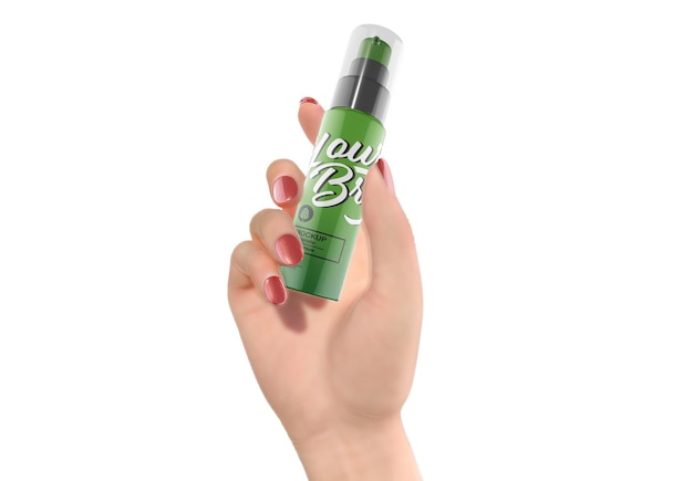 Flacone spray cosmetico con rendering 3D Hand Mockup