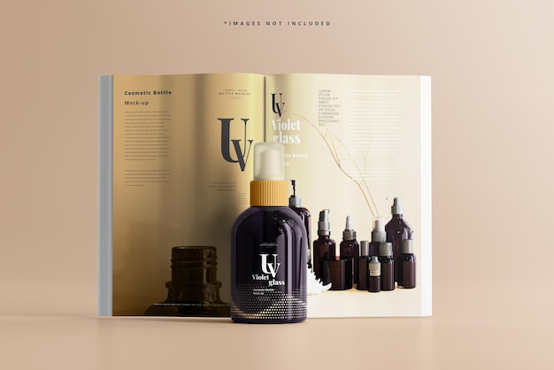 Flacone spray cosmetico in vetro UV con mockup di riviste