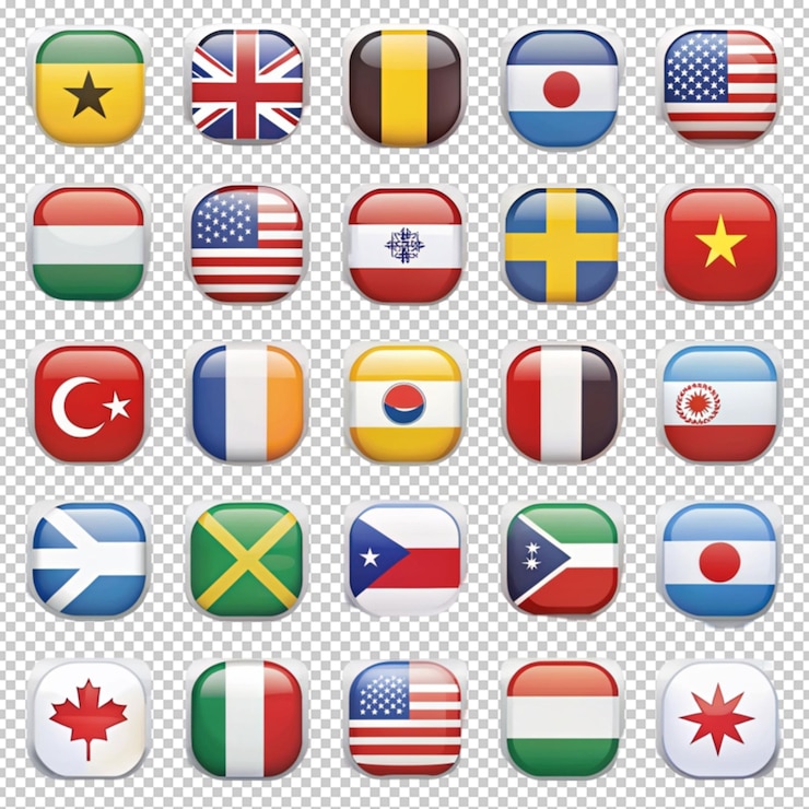 PSD flag icon collection on transparent background