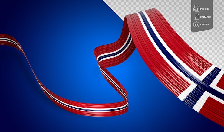 PSD flag of norway country waving ribbon flag isolated on royal blue background 3d illustration