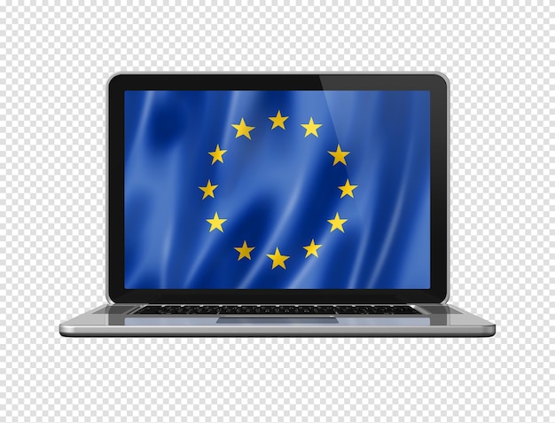 Flagge der europäischen union auf dem laptopbildschirm isoliert auf weißer 3d-darstellung