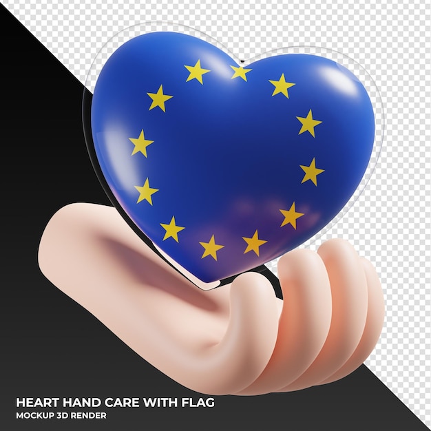 PSD flagge der europäischen union mit herzhandpflege realistisch 3d texturiert