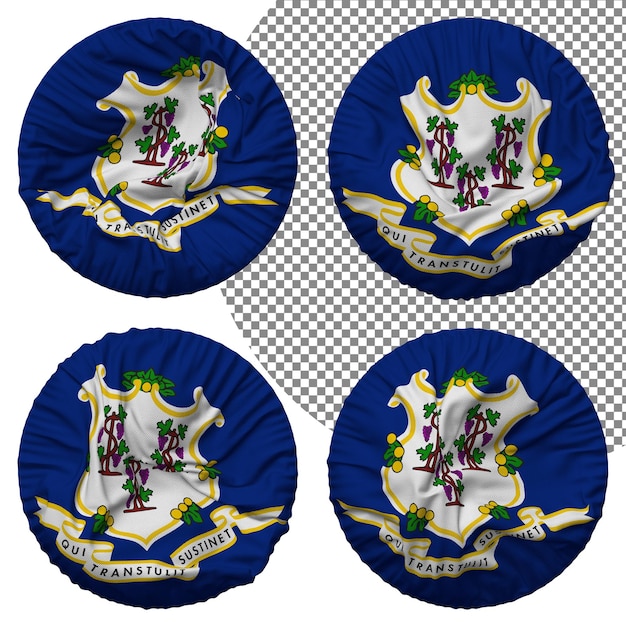 Flagge des bundesstaates connecticut, runde form, isoliert, unterschiedlicher wehender stil, bump-textur, 3d-rendering