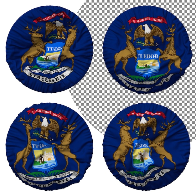 PSD flagge des bundesstaates michigan, runde form, isoliert, unterschiedlicher wehender stil, bump-textur, 3d-rendering