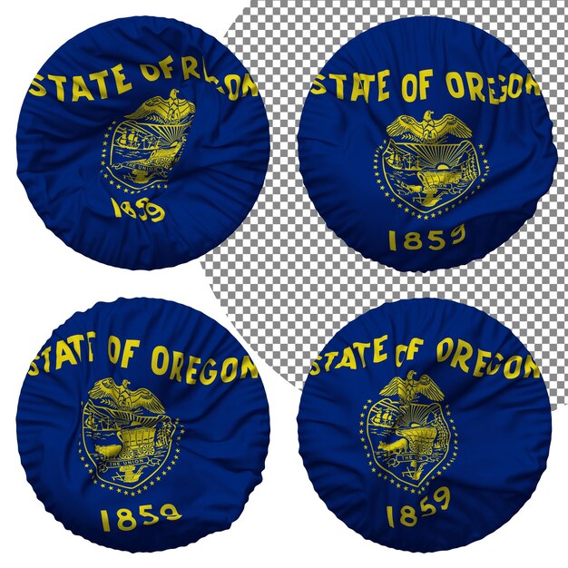 Flagge des Bundesstaates Oregon, runde Form, isoliert, unterschiedlicher wehender Stil, Bump-Textur, 3D-Rendering