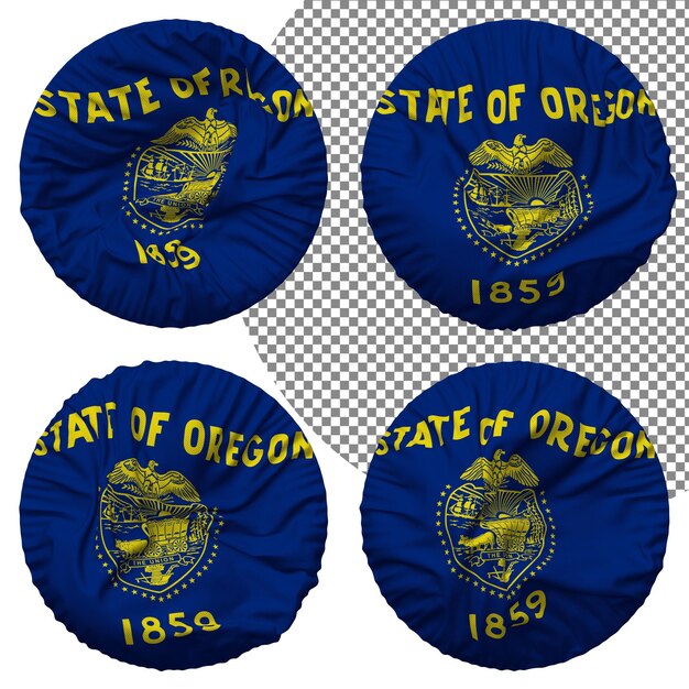 PSD flagge des bundesstaates oregon, runde form, isoliert, unterschiedlicher wehender stil, bump-textur, 3d-rendering