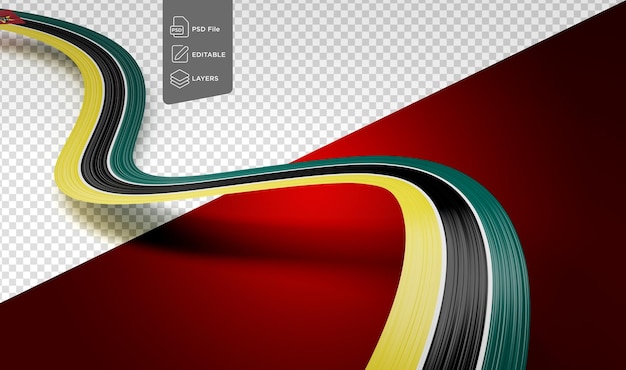 Flagge von Mosambik Wellenfarbenes, glänzendes Mosambik-Band, isoliert auf rotem Hintergrund 3D-Illustration