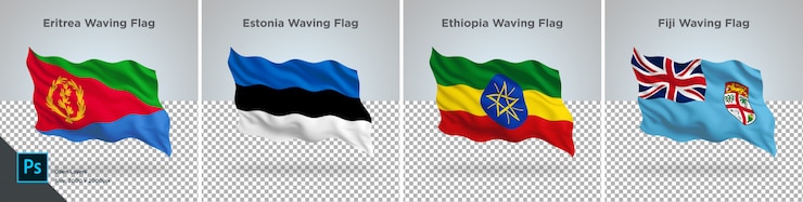 PSD flags set of eritrea, estonia, ethiopia, fiji flag set on transparent