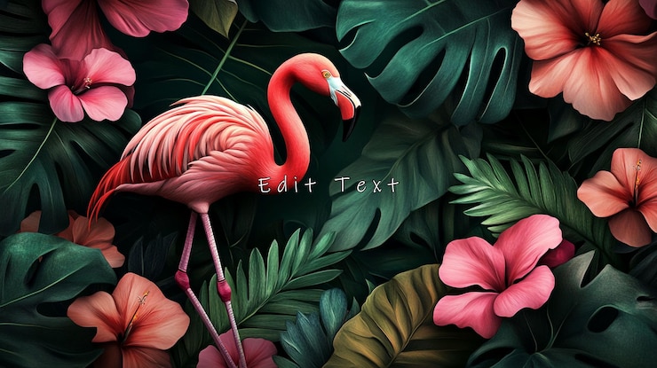 PSD un flamant rose se tient au milieu d'un feuillage tropical luxuriant et de fleurs d'hibiscus