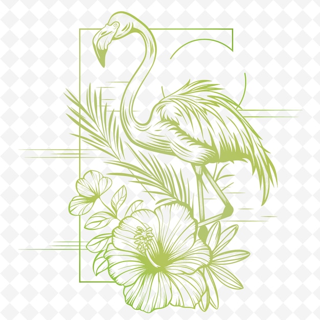 PSD un flamant vert et blanc avec des fleurs et un oiseau sur le mur