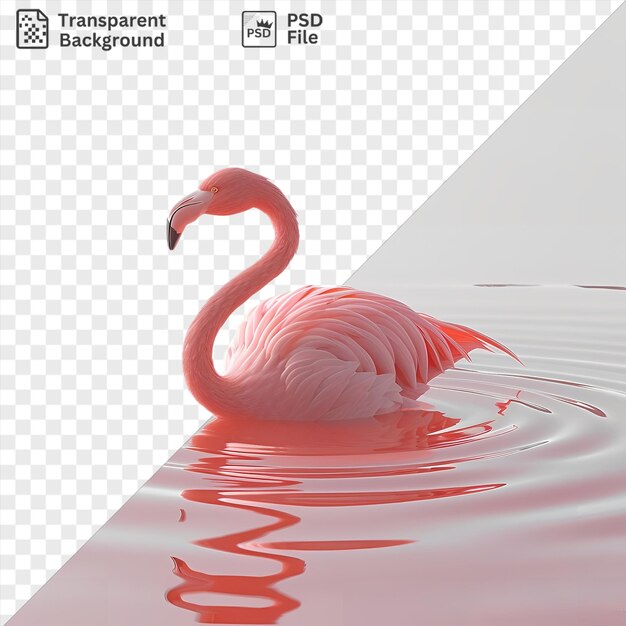 Flamenco animado 3D vadeando en un estanque elegantemente con su largo cuello y pico negro visibles mientras que sus plumas rosas y blancas añaden un toque de color a la escena