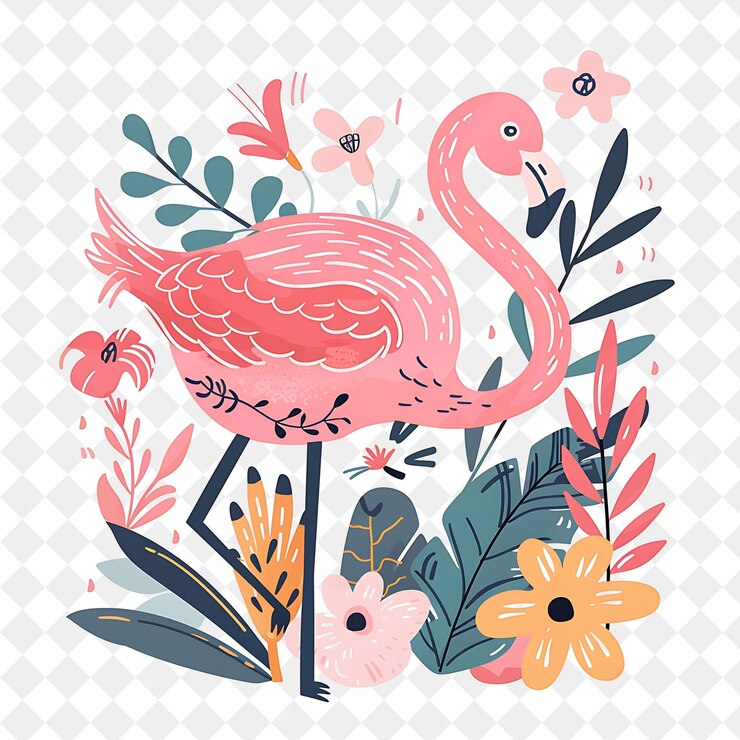 PSD un flamenco rosa está en un fondo blanco con flores y pájaros