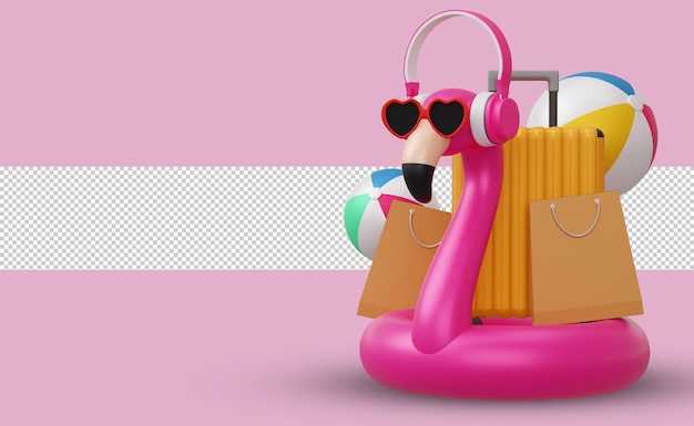 Flamingo con auriculares y equipo de playa, representación 3d de la temporada de verano