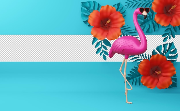Flamingo, der brille und hibiskusblume mit blättern trägt, sommersaison, sommerschablonen-3d-darstellung